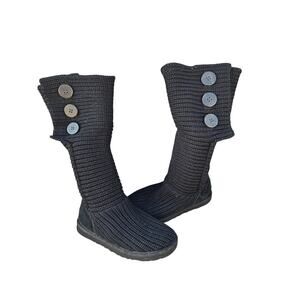 UGG Classic Cardy Women's Black Knit  Tall Boots Fold Down Buttoned Size 6